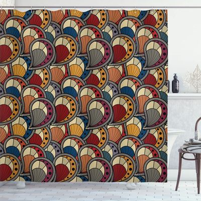 Ambesonne African Shower Curtain, Paisley Motifs Geometric Design Dots Lines Teardrop Shape Curved Tip, Cloth Fabric Bathroom Decor Set with Hooks, 69" W x 84" L, Charcoal Multicolor