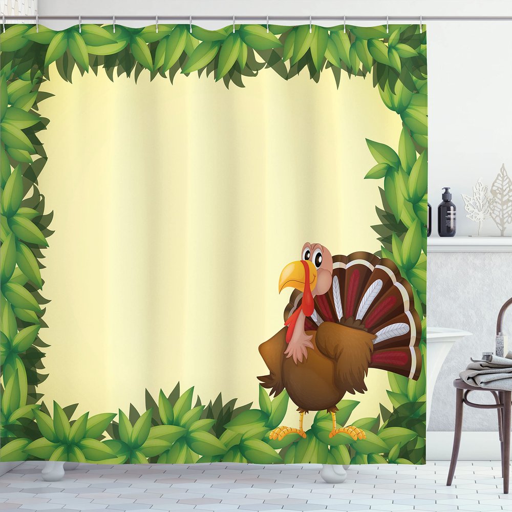 Ambesonne Thanksgiving Shower Curtain, Turkey Happy Expression Foliage and Fresh Leaves, Cloth Fabric Bathroom Decor Set with Hooks, 69" W x 70" L, Yellow Green