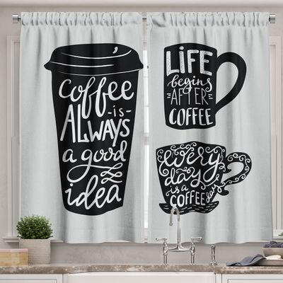 Ambesonne Coffee Kitchen Curtains, Words About Coffee with Take Away Mug Cup Silhouette Drinking Addiction Theme, Window Drapes 2 Panel Set for Kitchen Cafe Decor, 55" x 39", Grey Black