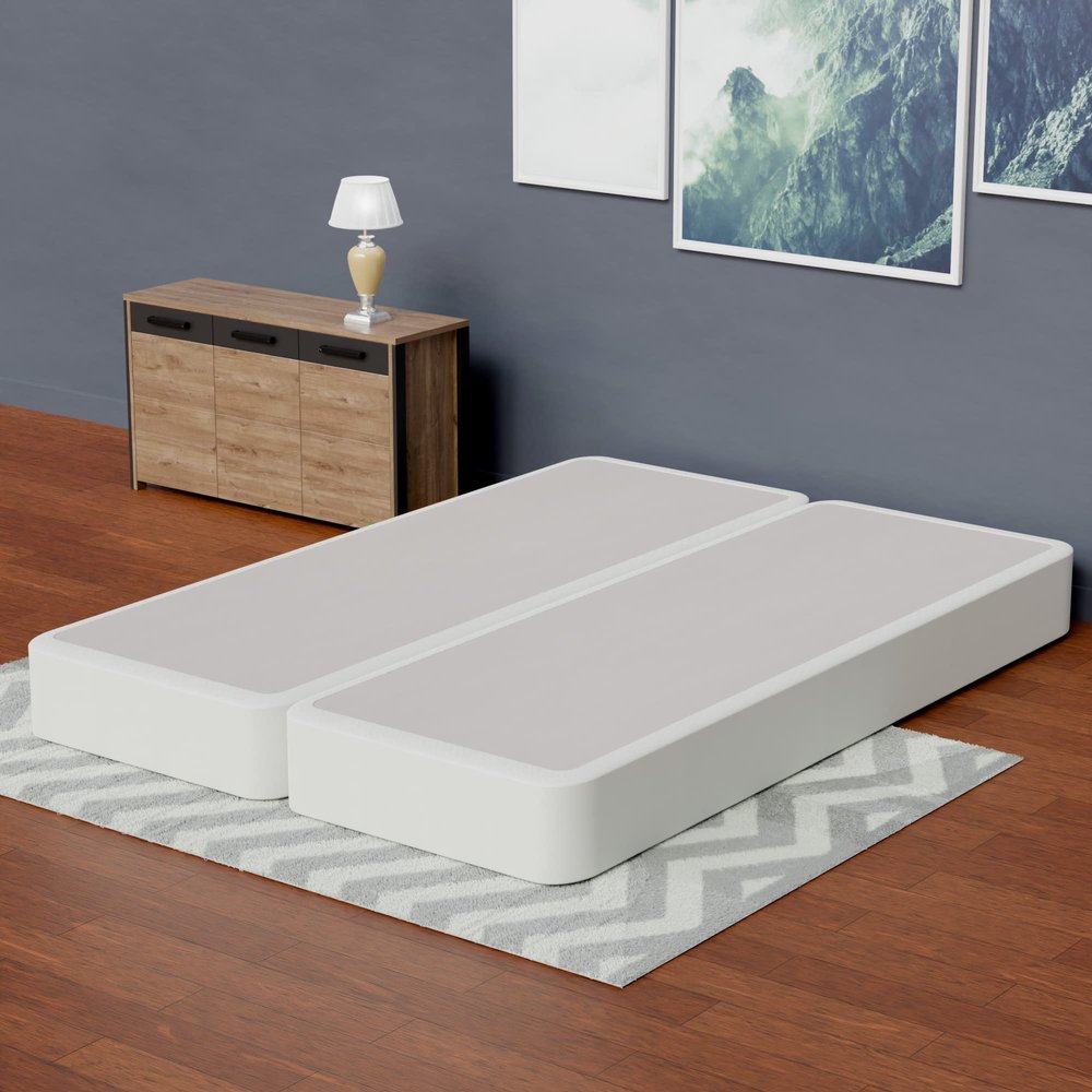 Continental Sleep, 4-Inch Sturdy Box Spring for Mattress Support-Durable and Fully Assembled, Natural Wood Foundation, White, Queen Size