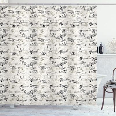Ambesonne Airplane Shower Curtain, Old Fashioned Transportation Hand Drawn Style Vintage Pattern, Cloth Fabric Bathroom Decor Set with Hooks, 69" W x 75" L, Olive Green Tan
