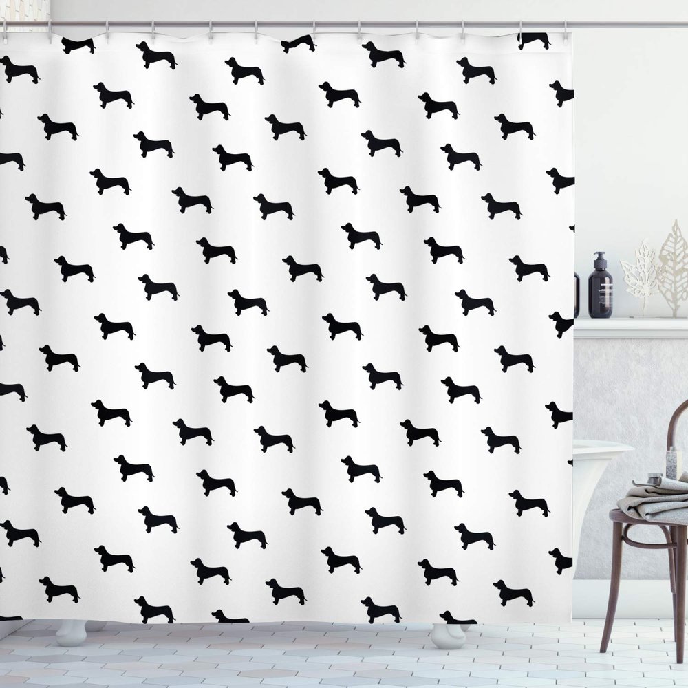 Ambesonne Dog Lover Shower Curtain, Monochrome Dachshund Silhouettes Breed Dog Domestic Canine Pattern Active Pet, Cloth Fabric Bathroom Decor Set with Hooks, 69" W x 70" L, Black White