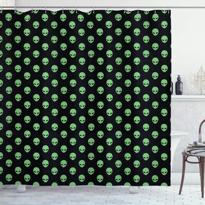 Ambesonne Alien Shower Curtain, Supernatural Martiansal Beings from Other Planets Head of an Alien, Cloth Fabric Bathroom Decor Set with Hooks, 69" W x 70" L, Fern Green Black