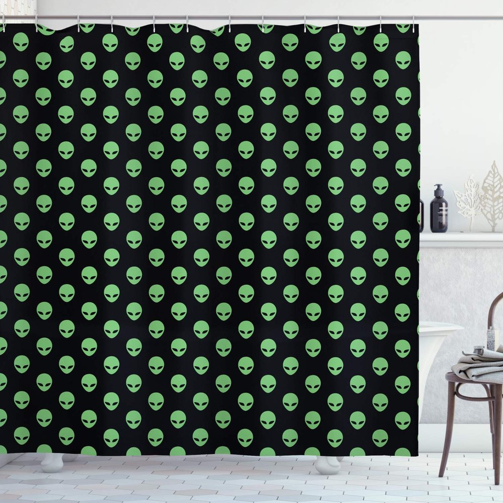 Ambesonne Alien Shower Curtain, Supernatural Martiansal Beings from Other Planets Head of an Alien, Cloth Fabric Bathroom Decor Set with Hooks, 69" W x 70" L, Fern Green Black