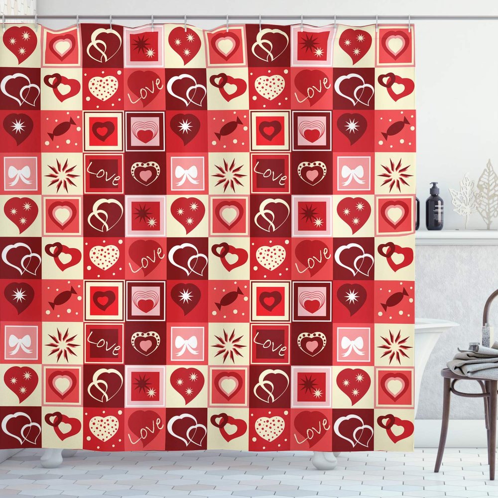Ambesonne Valentine's Day Shower Curtain, Valentines Day Themed Frames Pattern with Hearts Stars Love Lettering, Cloth Fabric Bathroom Decor Set with Hooks, 69" W x 75" L, Beige Coral Red