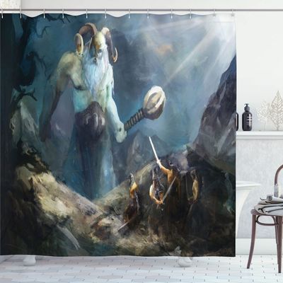 Lunarable Viking Shower Curtain, Heroes of Valhalla with Mythological Frost Giant Norse Culture Watercolor Design, Cloth Fabric Bathroom Decor Set with Hooks, 69" W x 70" L, Azure Blue