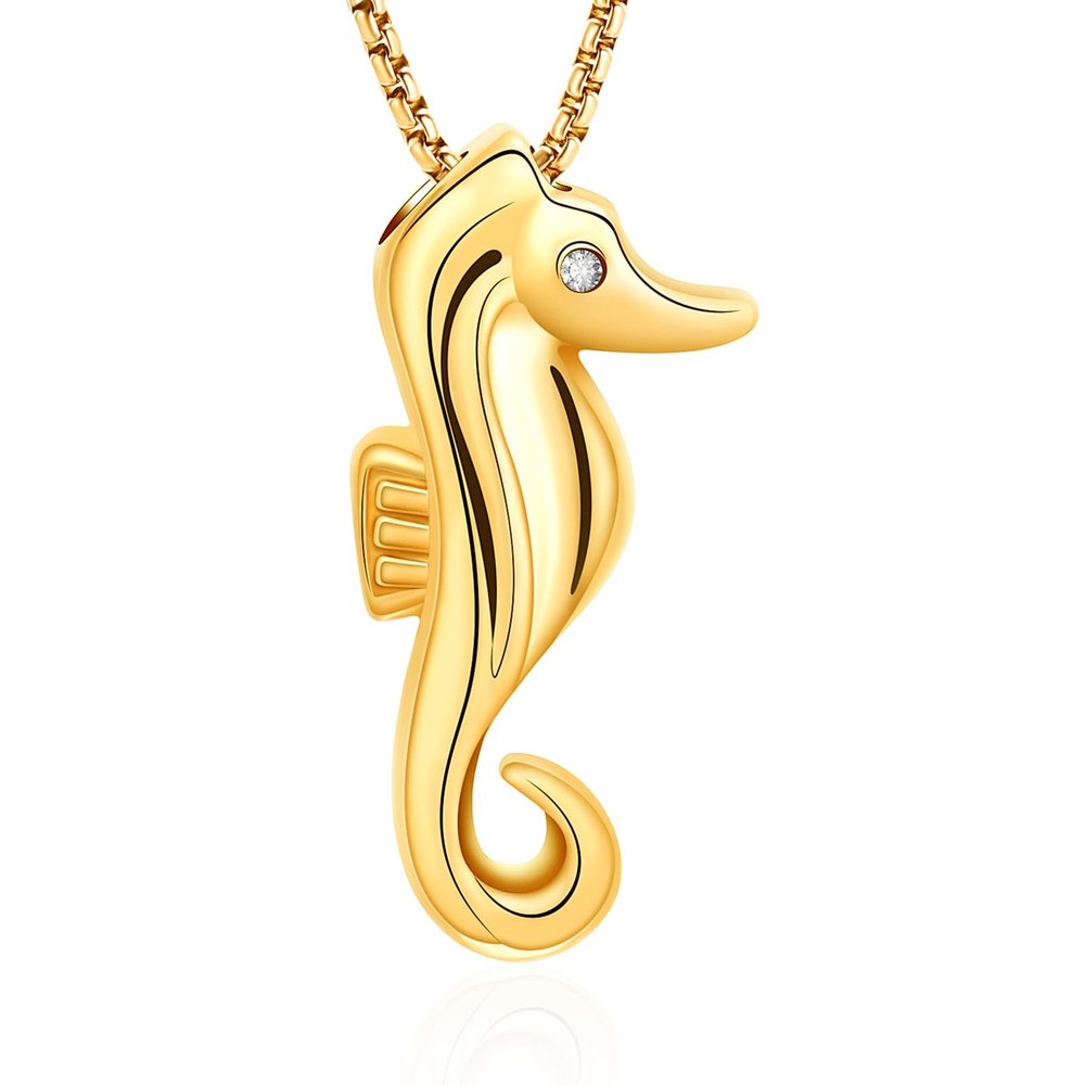 Oinsi Little Seahorse Keepsake Necklace Cremation Urn For Pet Ashes Jewelry With Black Rope (Gold)