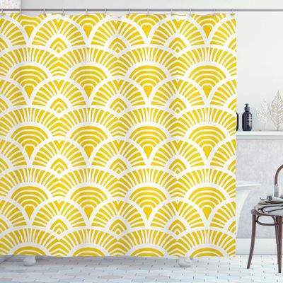 Ambesonne Yellow Shower Curtain, Vintage Hand Drawn Style Art Nouveau Pattern Geometrical Retro Scales Japanese, Cloth Fabric Bathroom Decor Set with Hooks, 69" W x 75" L, Yellow White