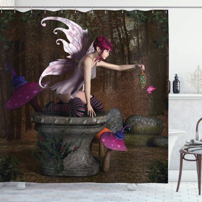 Ambesonne Tale Shower Curtain, Dimensional Mythical Creature Design Artifact on Pedestal Forest Print, Cloth Fabric Bathroom Decor Set with Hooks, 69" W x 75" L, Purple Redwood