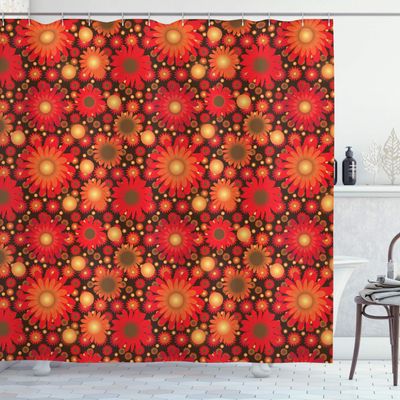 Ambesonne Floral Shower Curtain, Vivid Flowers Colored Botanical Composition Gerbera Daisies, Cloth Fabric Bathroom Decor Set with Hooks, 69" W x 75" L, Dark Green Vermilion