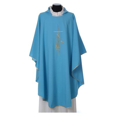 Light Blue Liturgical Chasuble with Wheat Lantern and Thin Cross in Polyester