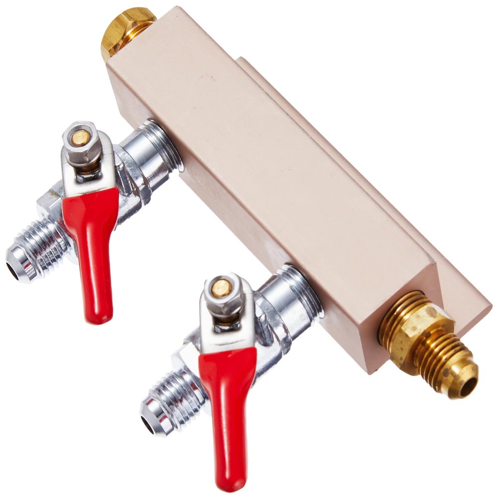 2 Way Air Distributor Co2 Manifold - 1/4" Threaded MFL Output, Shutoff with Check Valve