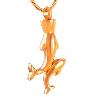 Double Dolphin Cremation Jewelry Loss Of Pet Memorial Urn Necklace Pendant With Box And Fill Kit (Gold)