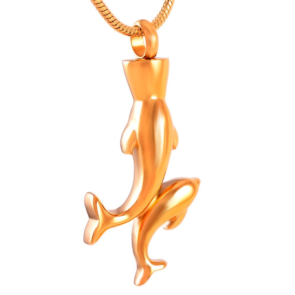 Double Dolphin Cremation Jewelry Loss Of Pet Memorial Urn Necklace Pendant With Box And Fill Kit (Gold)