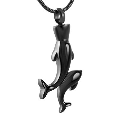 Double Dolphin Cremation Jewelry Loss of Pet Memorial Urn Necklace Pendant with Box and Fill Kit (Black)