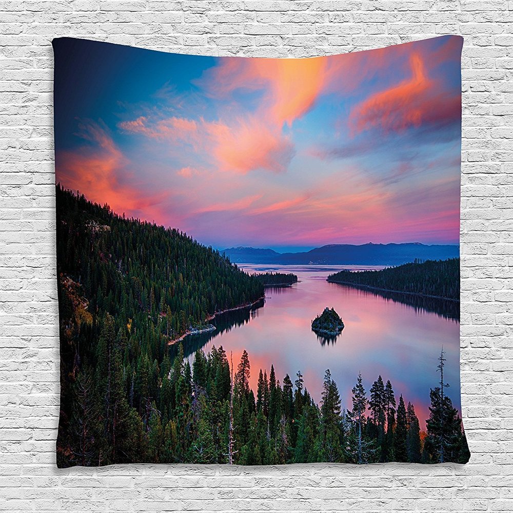 Ambesonne Lake Tahoe Tapestry, California Photography Rustic Themes Sundown Time Freshwater Sierra Nevada Lake, Wall Hanging for Bedroom Living Room Dorm Decor, 60" X 80", Pink Green