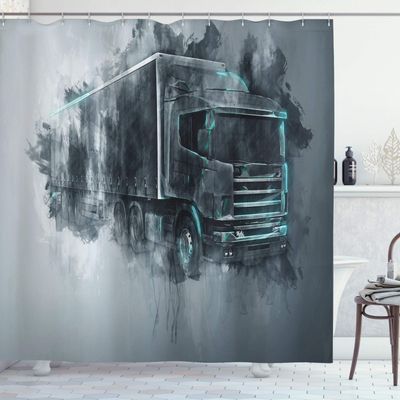Ambesonne Truck Shower Curtain, Greyscale Illustration of a Tractor Trailer with Paint Smears Cargo Delivery, Cloth Fabric Bathroom Decor Set with Hooks, 69" W x 70" L, Grey Turquoise