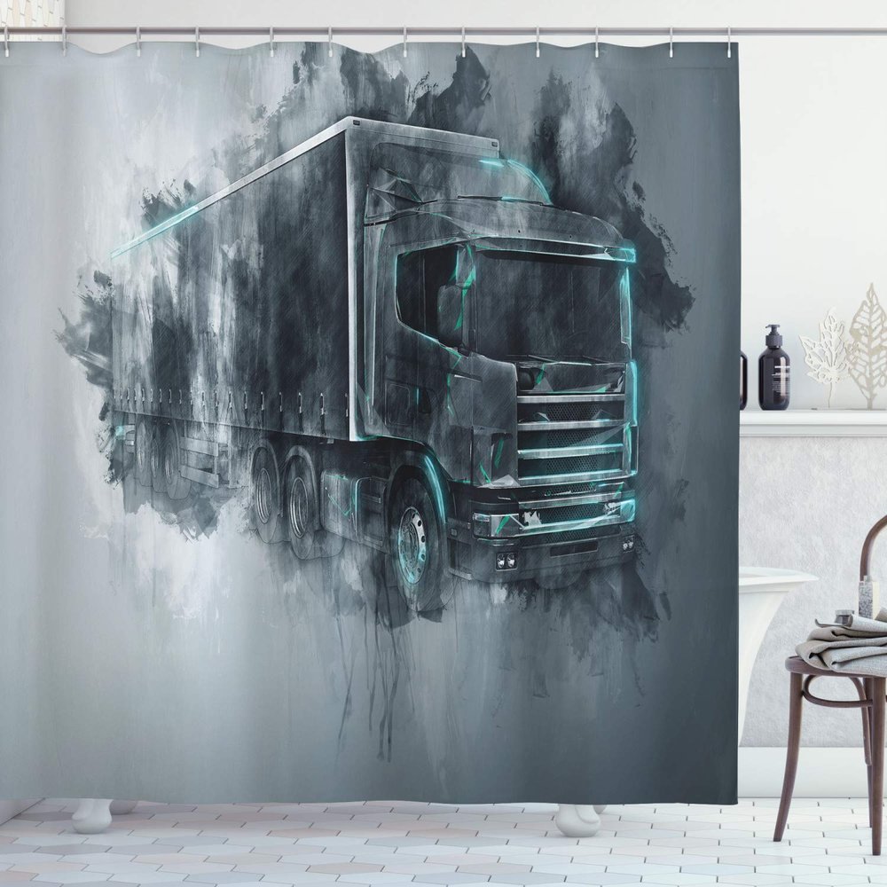 Ambesonne Truck Shower Curtain, Greyscale Illustration of a Tractor Trailer with Paint Smears Cargo Delivery, Cloth Fabric Bathroom Decor Set with Hooks, 69" W x 70" L, Grey Turquoise