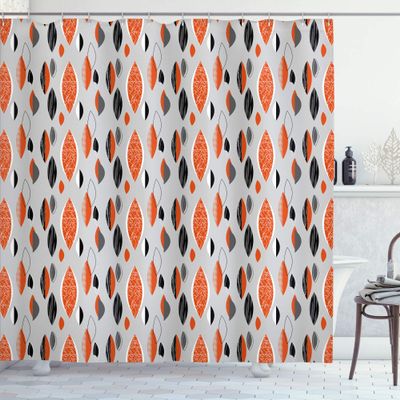 Ambesonne Mid Century Shower Curtain, Abstract Oval Leaf Forms with Different Designs and Color Combinations, Cloth Fabric Bathroom Decor Set with Hooks, 69" W x 75" L, Red Black Pale Grey