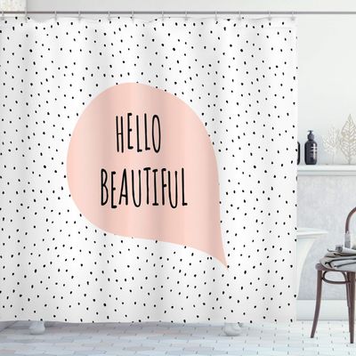 Ambesonne Hello Shower Curtain, Romantic and Message in a Pastel Colored Speech Balloon Hand Drawn Dots, Cloth Fabric Bathroom Decor Set with Hooks, 69" W x 84" L, Blush Black