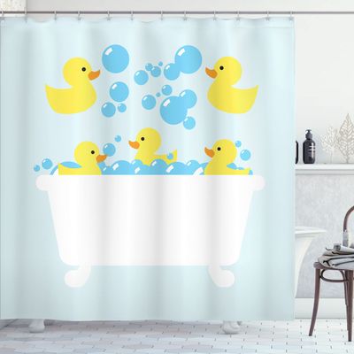 Lunarable Duckies Shower Curtain, Rubber Poultry Inside a Tub Abstract Cartoon Style Drawing Bubbles on Greenish Back, Cloth Fabric Bathroom Decor Set with Hooks, 69" W x 84" L, Yellow Pale Blue