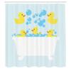 Lunarable Duckies Shower Curtain, Rubber Poultry Inside a Tub Abstract Cartoon Style Drawing Bubbles on Greenish Back, Cloth Fabric Bathroom Decor Set with Hooks, 69" W x 84" L, Yellow Pale Blue view 2