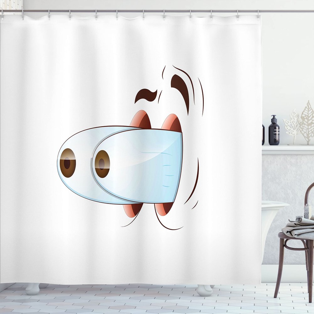 Ambesonne Eye Shower Curtain, Fun Caricature of Character Taken by Surprise Eyes Coming Out of Head, Cloth Fabric Bathroom Decor Set with Hooks, 69" W x 70" L, Pale Blue Brown Coral