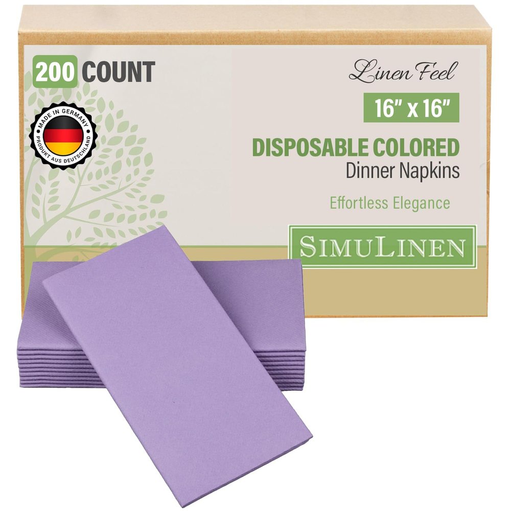SimuLinen Purple or Lavender Linen Feel Dinner Napkins - Cloth-Like, Kosher Disposable Napkins for Weddings, and Showers, 16"x16", Box of 50