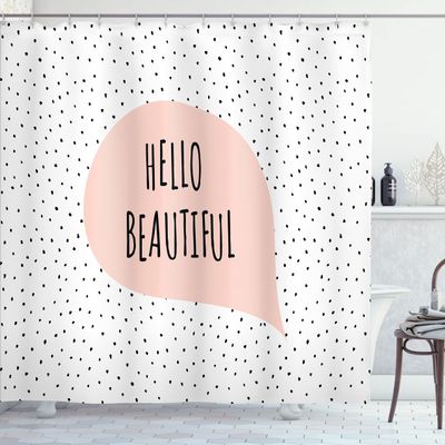 Ambesonne Hello Shower Curtain, Romantic and Message in a Pastel Colored Speech Balloon Hand Drawn Dots, Cloth Fabric Bathroom Decor Set with Hooks, 69" W x 75" L, Blush Black