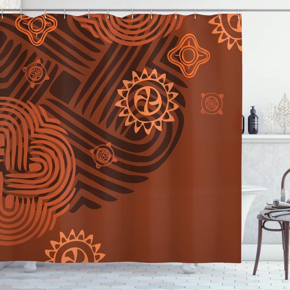 Ambesonne Earth Tones Shower Curtain, Composition Floral Intricacy Folk Details, Cloth Fabric Bathroom Decor Set with Hooks, 69" W x 70" L, Brown Orange Peach