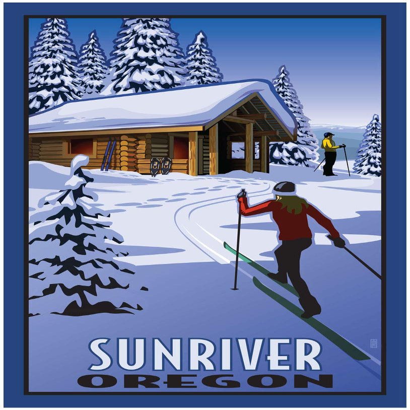Sunriver Oregon Cross Country Skiers & Cabin Giclee Art Print Poster from Travel Artwork by Artist Paul Leighton 30" x 45"