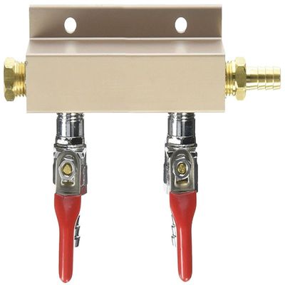 Bev Rite 2 Way Air Distributor Co2 Manifold-3/8 Barb Output, Shutoff with Check Valve, Silver