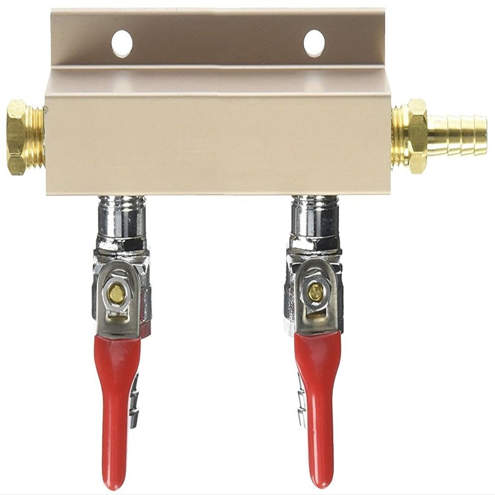Bev Rite 2 Way Air Distributor Co2 Manifold-3/8 Barb Output, Shutoff with Check Valve, Silver