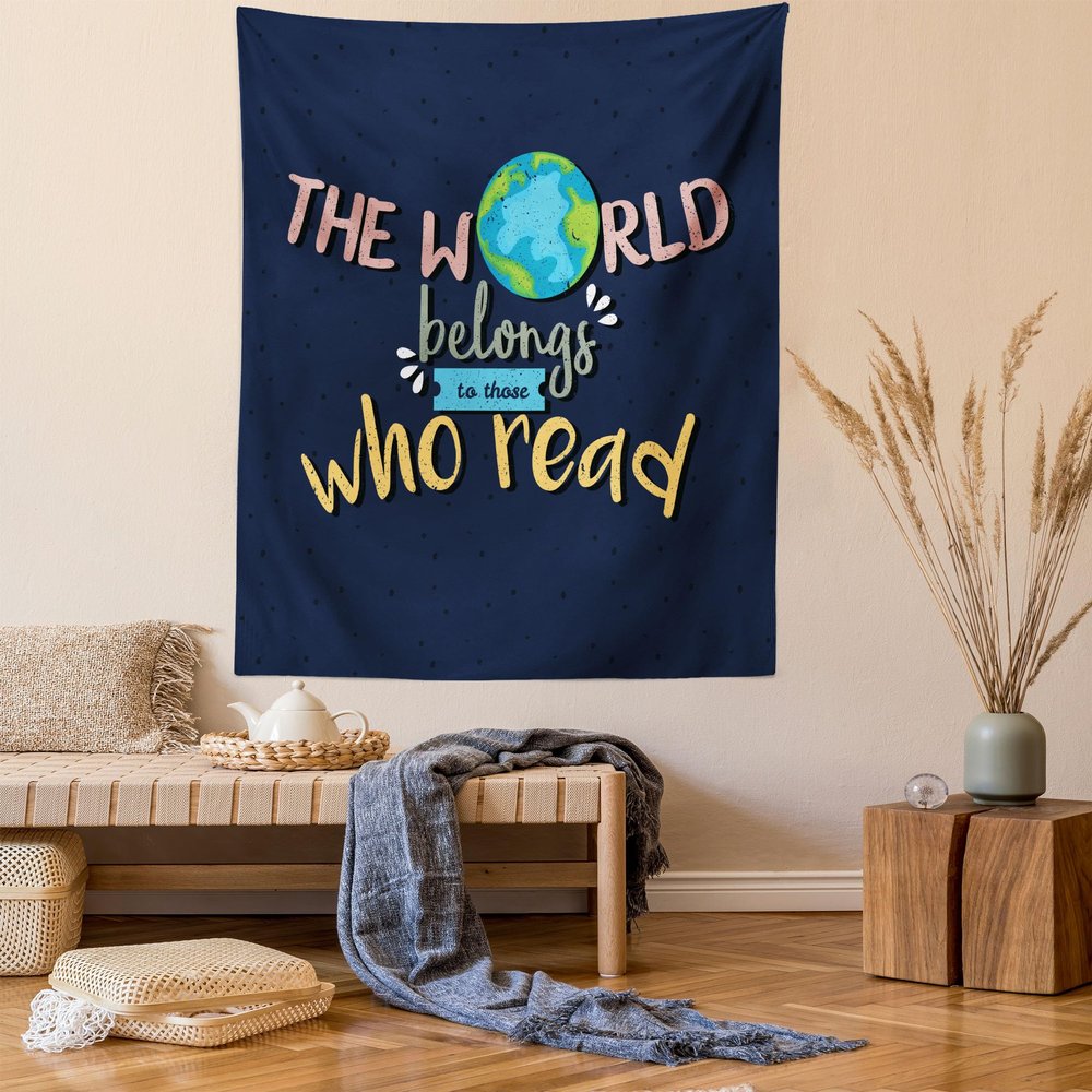 Ambesonne Book Tapestry, World Belongs to Those Who Read Inspirational Words Print on Dark Blue Background, Wall Hanging for Bedroom Living Room Dorm Decor, 60" X 80", Navy Blue