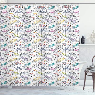 Ambesonne Bicycle Shower Curtain, Retro Style Colorful Bicycles of All Styles and for All Age Groups Training Wheels, Cloth Fabric Bathroom Decor Set with Hooks, 69" W x 84" L, Dark Blue Grey