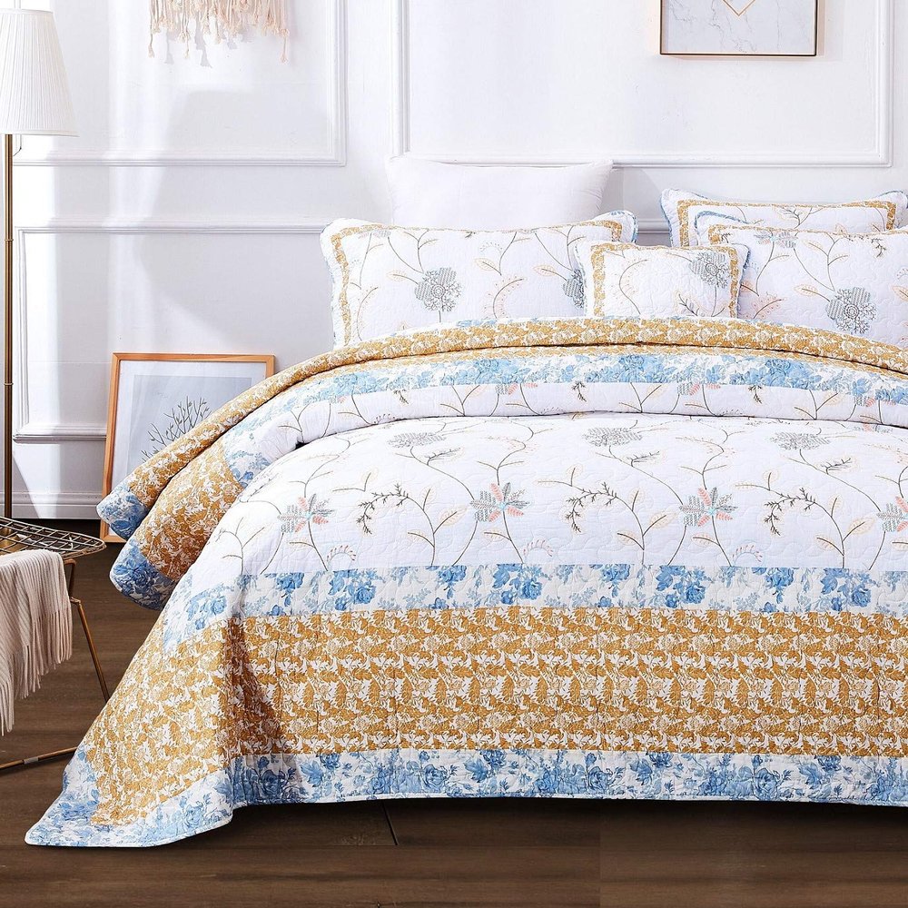 Tache Home Fashion Winter Frost Embroidered Floral Quilt Bedspread Set, Twin, Multicolor