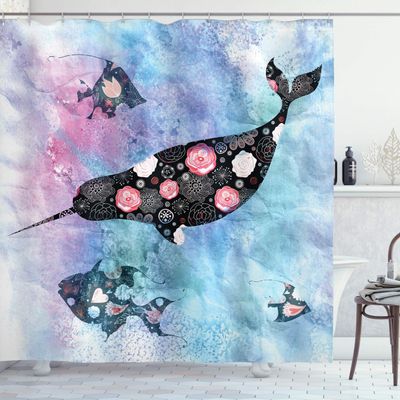 Ambesonne Narwhal Shower Curtain, Floral Patterned Whale and Fish Psychedelic Abstract Art Inspirations, Cloth Fabric Bathroom Decor Set with Hooks, 69" W x 75" L, Seafoam Lilac