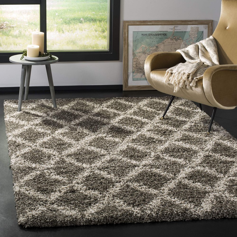 SAFAVIEH Area Rug 8x10 - Hudson Shag Collection - Large - Grey & Ivory, Trellis Pattern, Non-Shedding & Easy Cleaning, Ultra Plush Thick Pile, Ideal for Living Room, Bedroom, Dining Space (SGH333B)