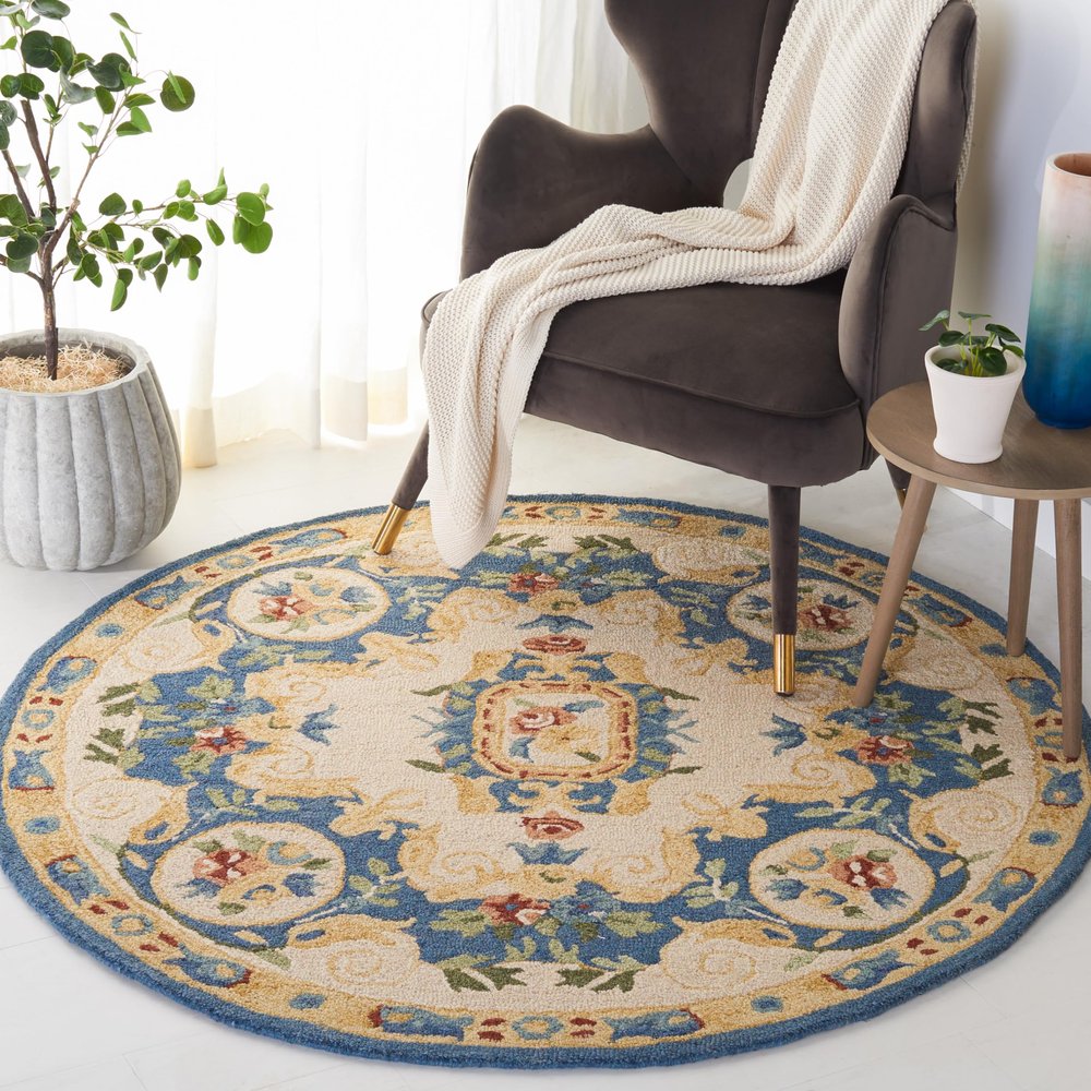 SAFAVIEH Micro-Loop Collection Area Rug - 5' Round, Cream & Blue, Handmade Wool, Ideal for High Traffic Areas in Living Room, Bedroom (MLP601A)