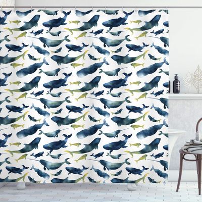 Ambesonne Narwhal Shower Curtain, Watercolor Whales of The Arctic Ocean Cachalot Orca Blue Whale Illustration, Cloth Fabric Bathroom Decor Set with Hooks, 69" W x 84" L, Dark Blue Yellow
