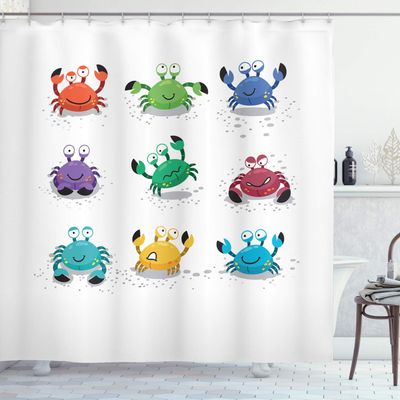 Ambesonne Crabs Shower Curtain, Joyful Cartoon Style Colorful Crab Characters with Various Expressions and Emotions, Cloth Fabric Bathroom Decor Set with Hooks, 69" W x 75" L, White Multicolor