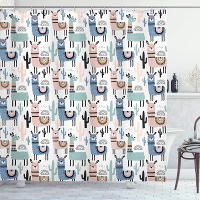 Ambesonne Llama Shower Curtain, Cartoon Style Hand Drawn South American Animals Alpacas and Llamas Design, Cloth Fabric Bathroom Decor Set with Hooks, 69" W x 75" L, Blush Blue