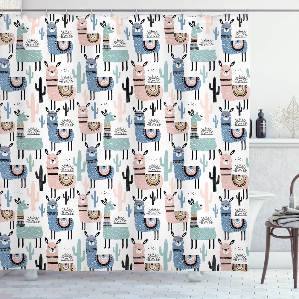 Ambesonne Llama Shower Curtain, Cartoon Style Hand Drawn South American Animals Alpacas and Llamas Design, Cloth Fabric Bathroom Decor Set with Hooks, 69" W x 75" L, Blush Blue