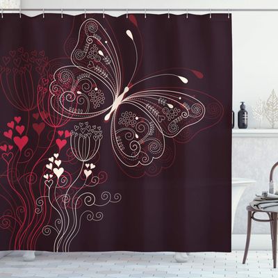 Ambesonne Romantic Shower Curtain, Abstract Floral Heart Pattern Butterfly Motif Illustration, Cloth Fabric Bathroom Decor Set with Hooks, 69" W x 75" L, Maroon Red Beige