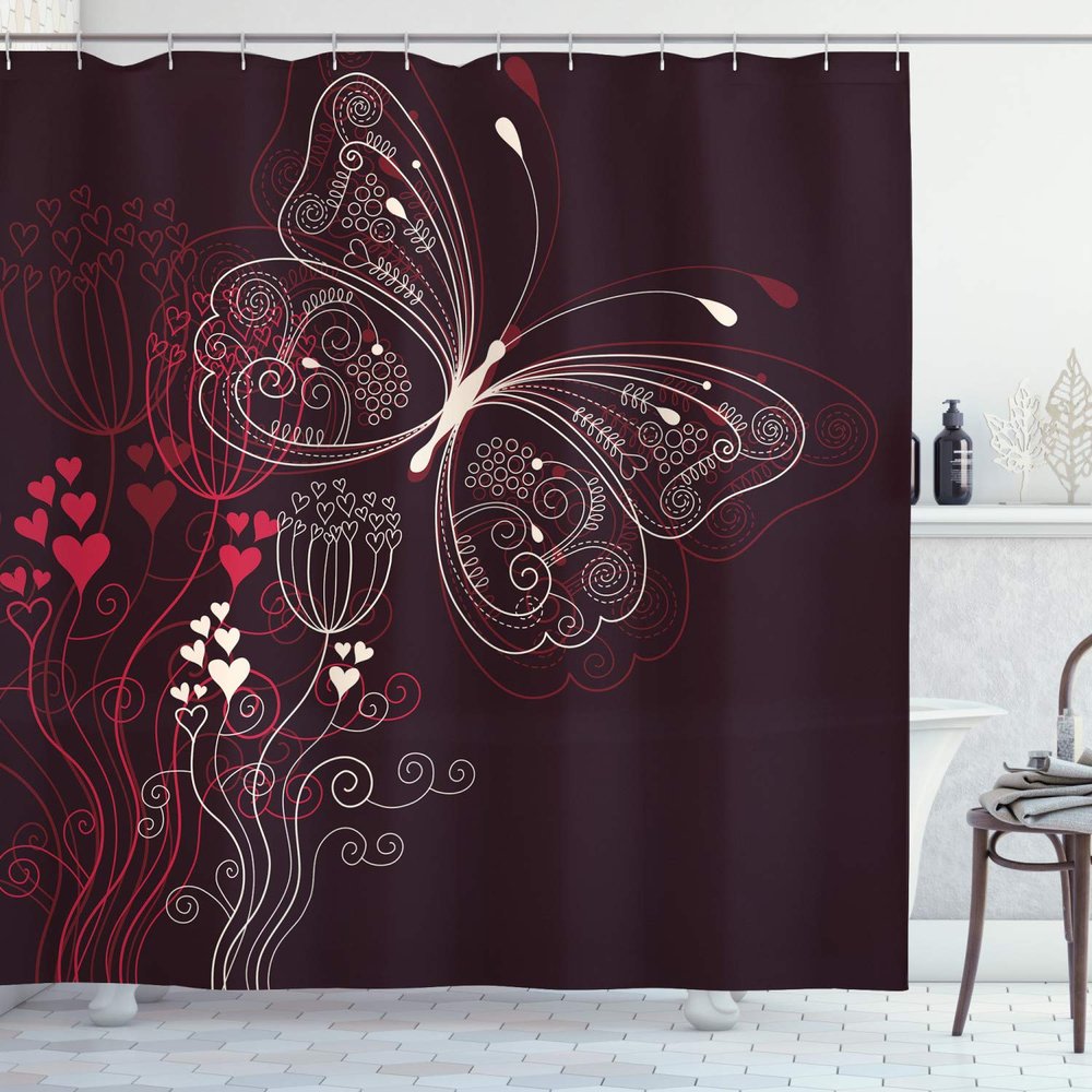 Ambesonne Romantic Shower Curtain, Abstract Floral Heart Pattern Butterfly Motif Illustration, Cloth Fabric Bathroom Decor Set with Hooks, 69" W x 75" L, Maroon Red Beige
