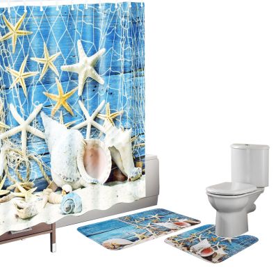 Amagical 3 Pieces Blue Seashells Starfish Shower Curtain Set Bathroom Mats Set Non-Slip Pedestal Rug Carpet Shower Curtain