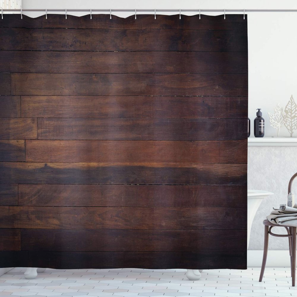 Ambesonne Chocolate Shower Curtain, Aged Weathered Dark Timber Oak Wooden Planks Floor Image Country Life Carpentry, Cloth Fabric Bathroom Decor Set with Hooks, 69" W x 70" L, Dark Brown