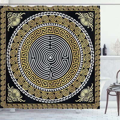Ambesonne Greek Shower Curtain, Classical Pattern with Intricate Design Spiral Waves Frame and Maze, Cloth Fabric Bathroom Decor Set with Hooks, 69" W x 75" L, Pale Yellow White and Black