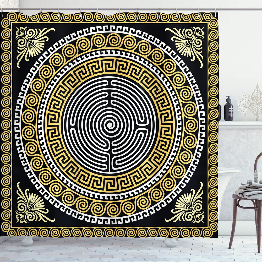 Ambesonne Greek Shower Curtain, Classical Pattern with Intricate Design Spiral Waves Frame and Maze, Cloth Fabric Bathroom Decor Set with Hooks, 69" W x 75" L, Pale Yellow White and Black