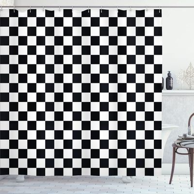 Ambesonne Checkers Game Shower Curtain, Geometric Grid Style Monochrome Squares in Traditional Game Board Design, Cloth Fabric Bathroom Decor Set with Hooks, 69" W x 75" L, White and Black